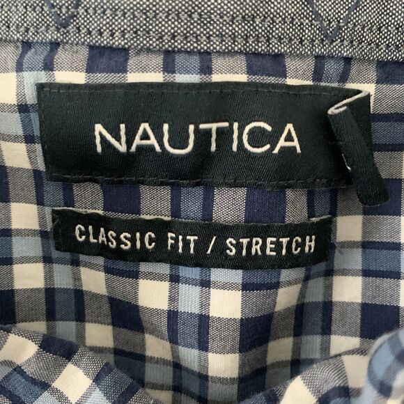 Nautica Mens Large Long Sleeve Blue Check Shirt Classic Fit Stretch Button Down - Picture 2 of 7